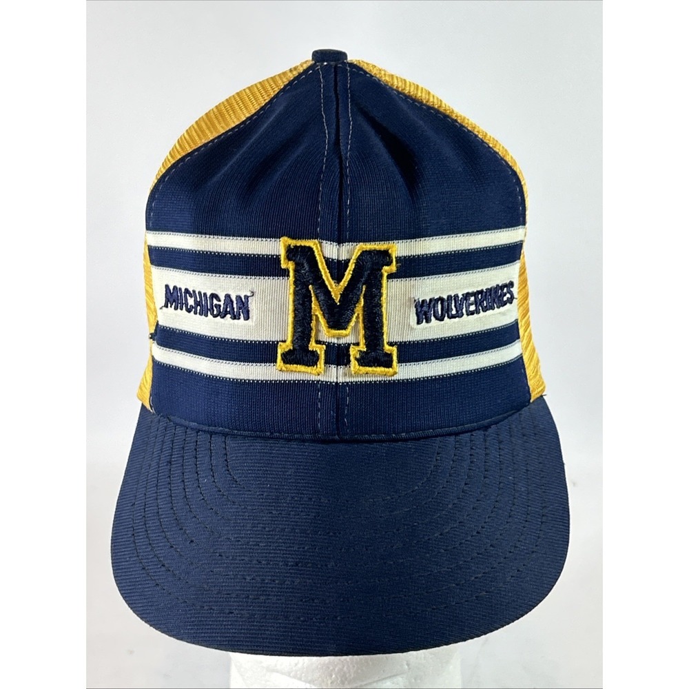 Vintage Michigan Wolverines Hat Cap Snap Back K-Mart Patch Mesh Trucker Striped